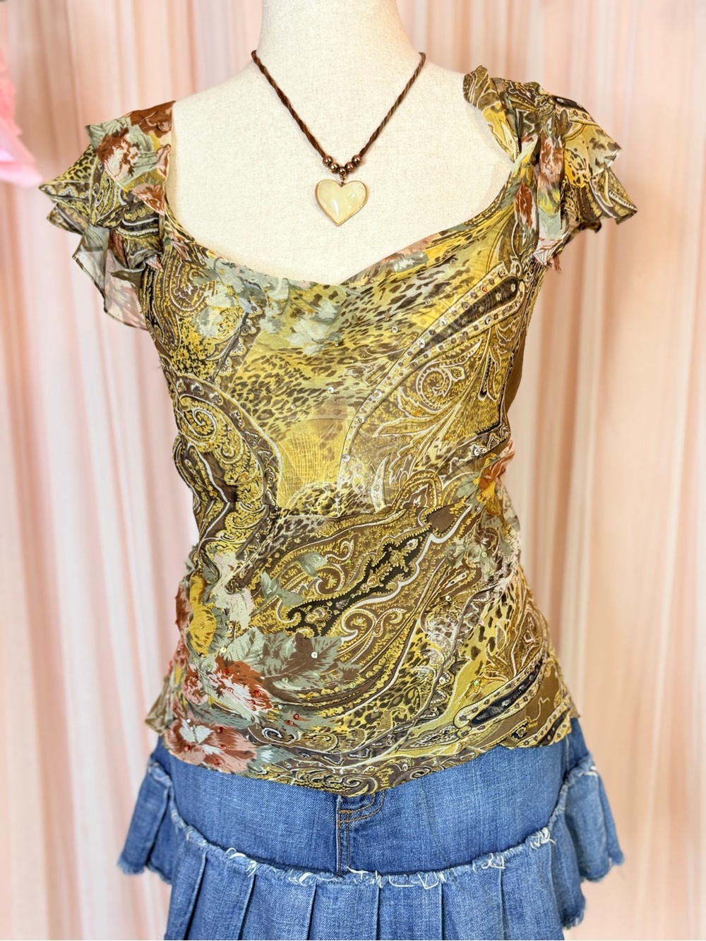 Vintage Y2K Victor Costa Beaded Paisley Animal Print Blouse Top Large